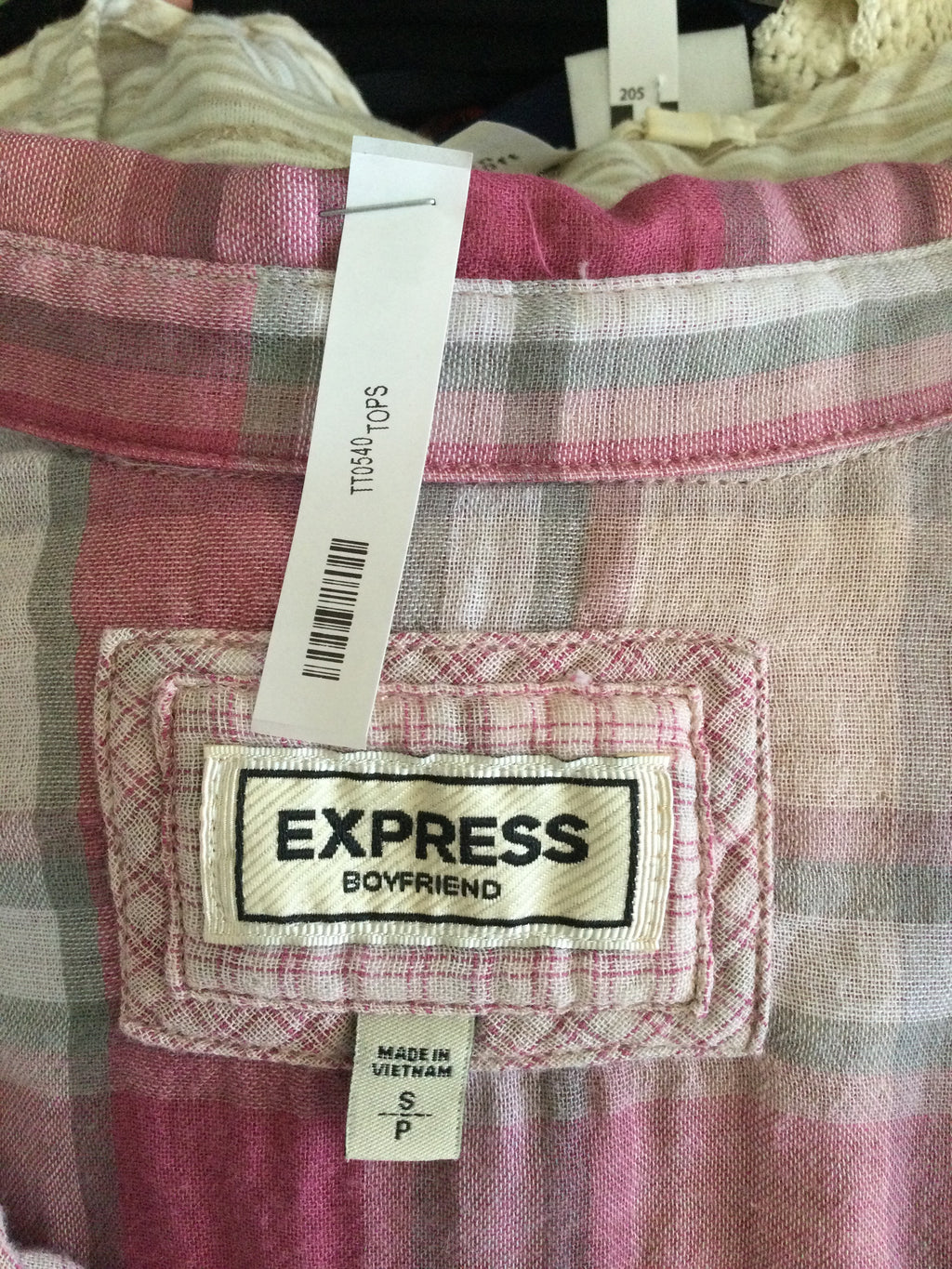 Express boyfriend size small petite pink gingham TT0540￼