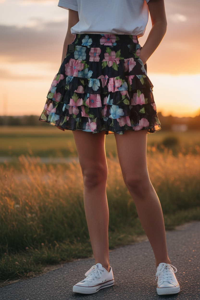 HOLLISTER FLORAL TIERED RUFFLE MINI SKIRT – BLACK MULTICOLOR SIZE SMALL  BT0390