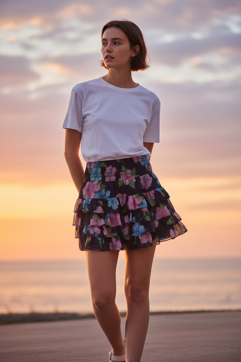 HOLLISTER FLORAL TIERED RUFFLE MINI SKIRT – BLACK MULTICOLOR SIZE SMALL  BT0390