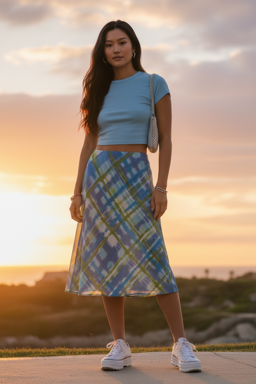 Jonathan Martin blue and green midi skirt vintage size medium made in USA  BB01053