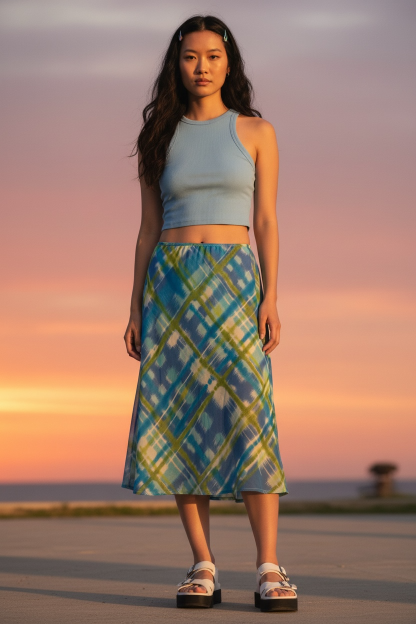 Jonathan Martin blue and green midi skirt vintage size medium made in USA  BB01053