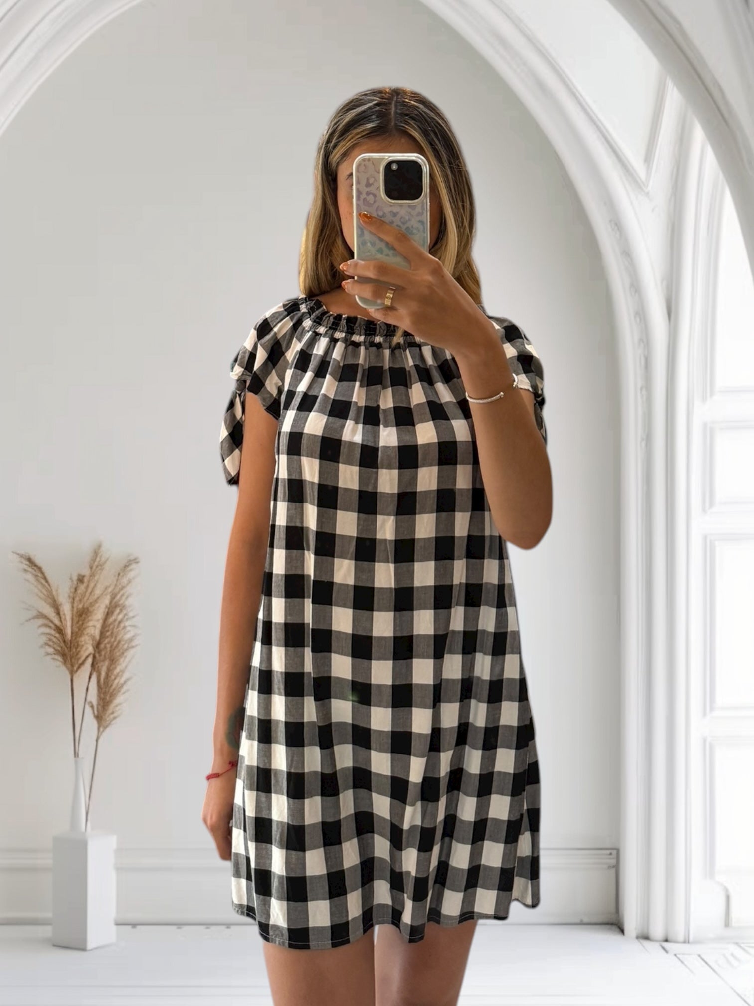 LOFT GINGHAM BLACK AND WHITE PATTERN MINI DRESS XS DR25NP16