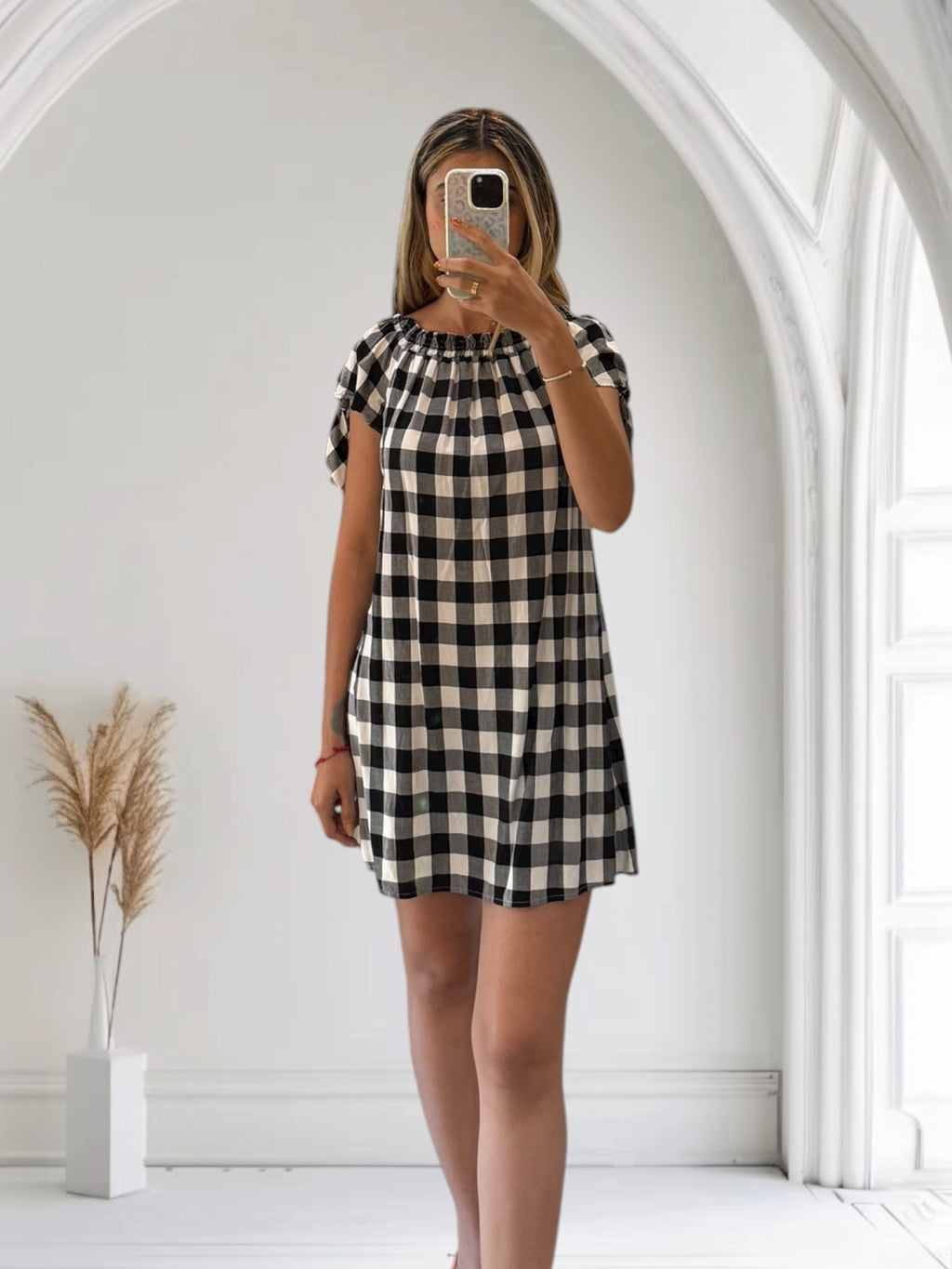 LOFT GINGHAM BLACK AND WHITE PATTERN MINI DRESS XS DR25NP16