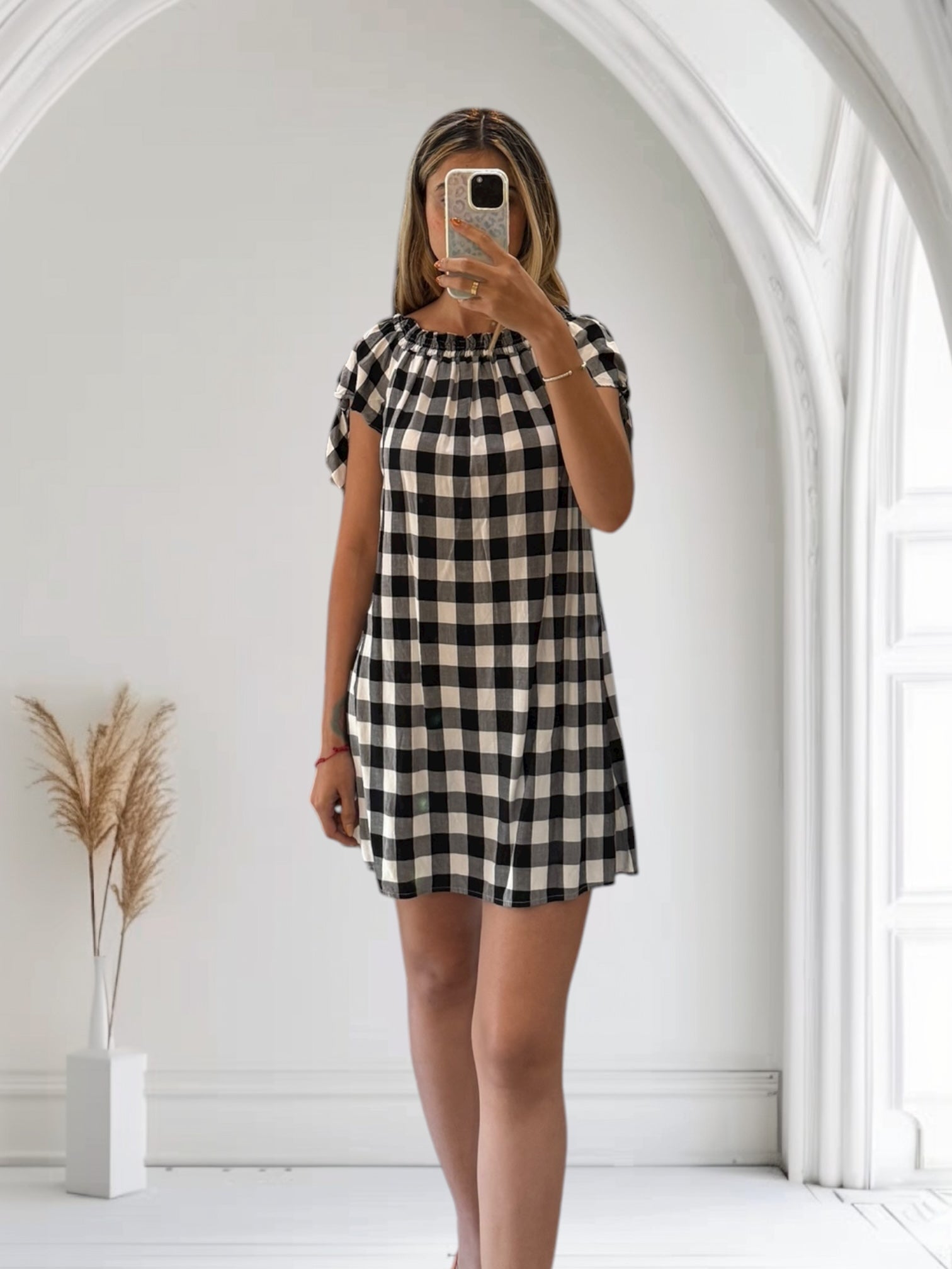 LOFT GINGHAM BLACK AND WHITE PATTERN MINI DRESS XS DR25NP16