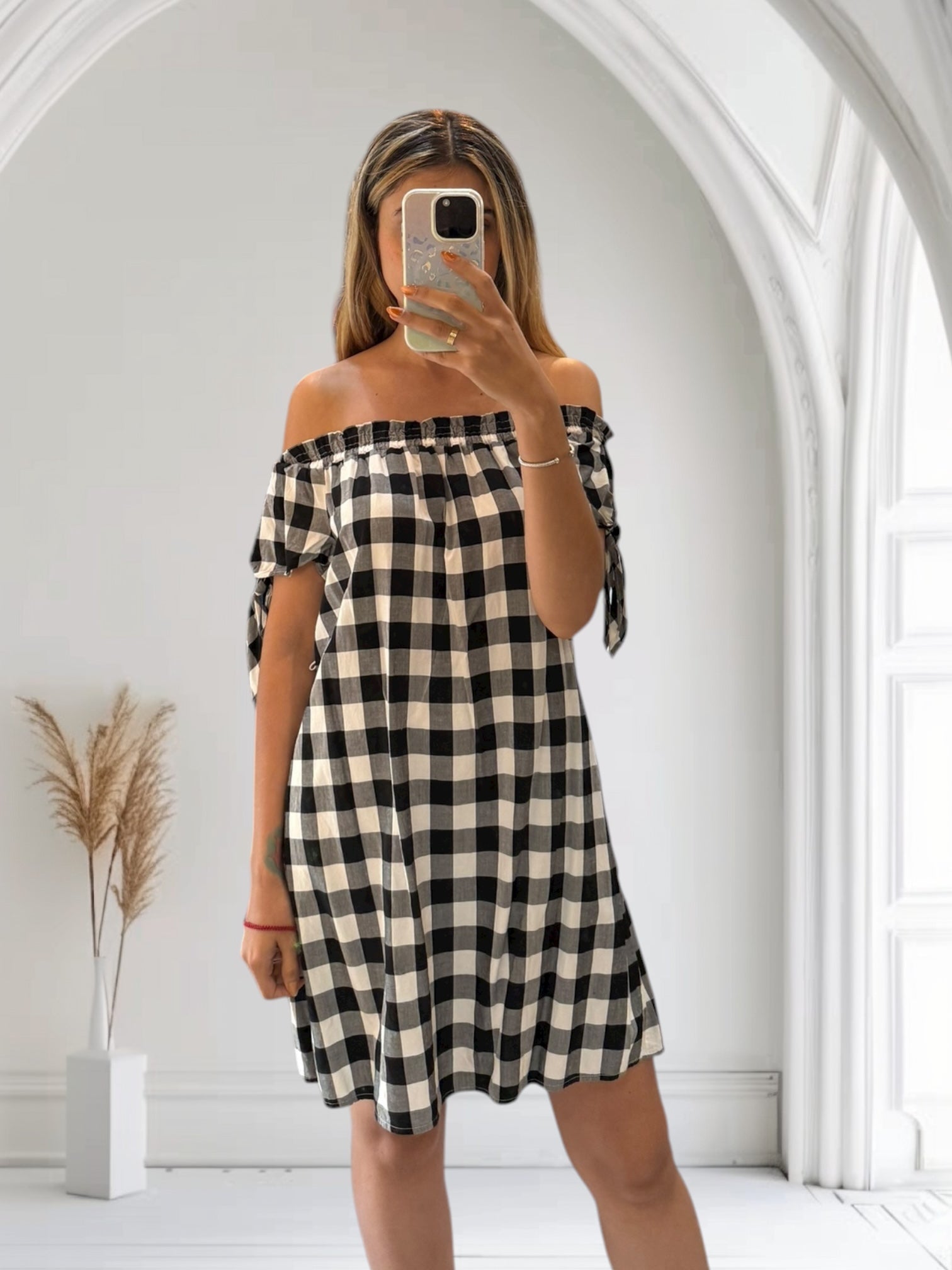 LOFT GINGHAM BLACK AND WHITE PATTERN MINI DRESS XS DR25NP16