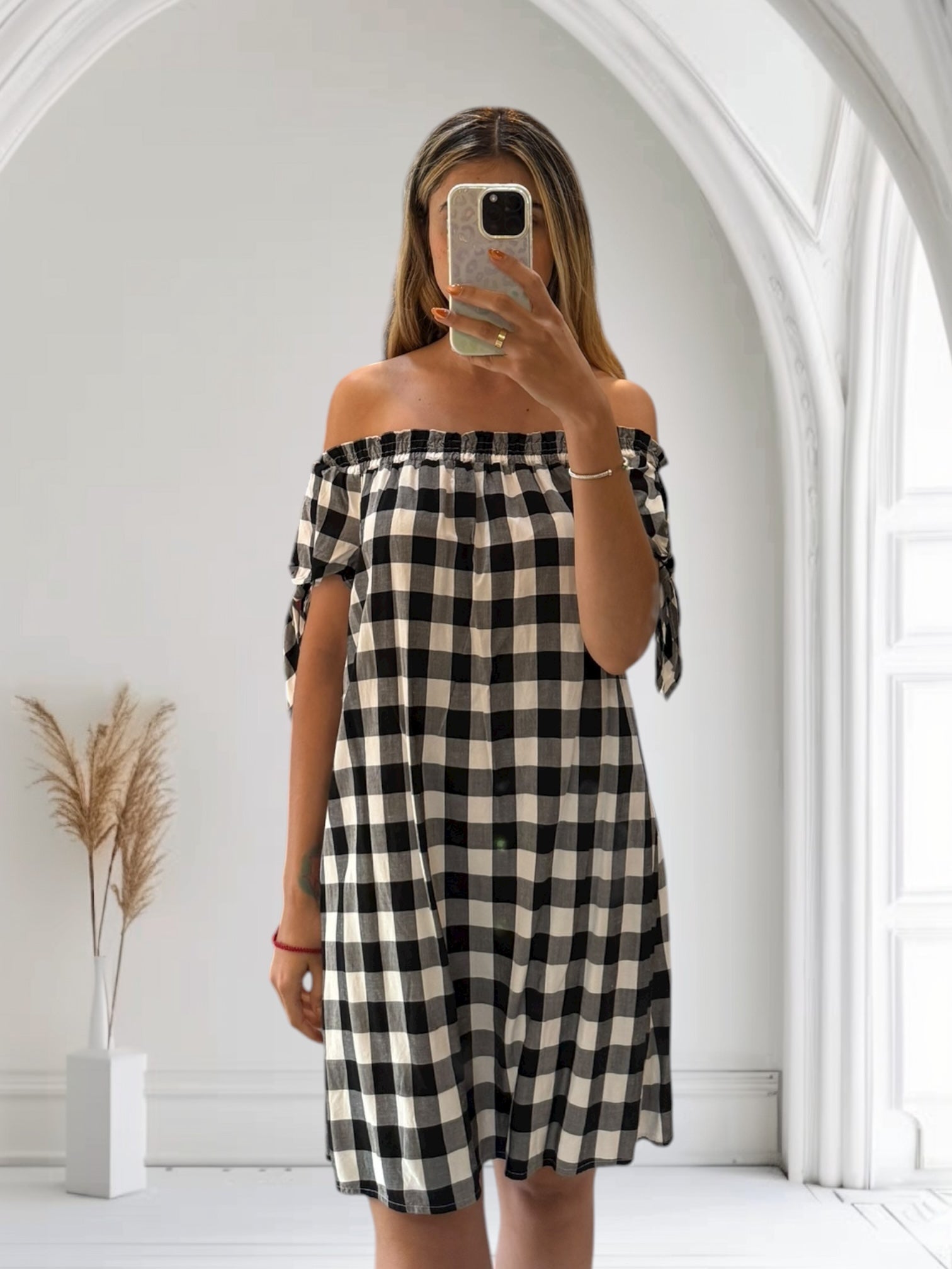 LOFT GINGHAM BLACK AND WHITE PATTERN MINI DRESS XS DR25NP16