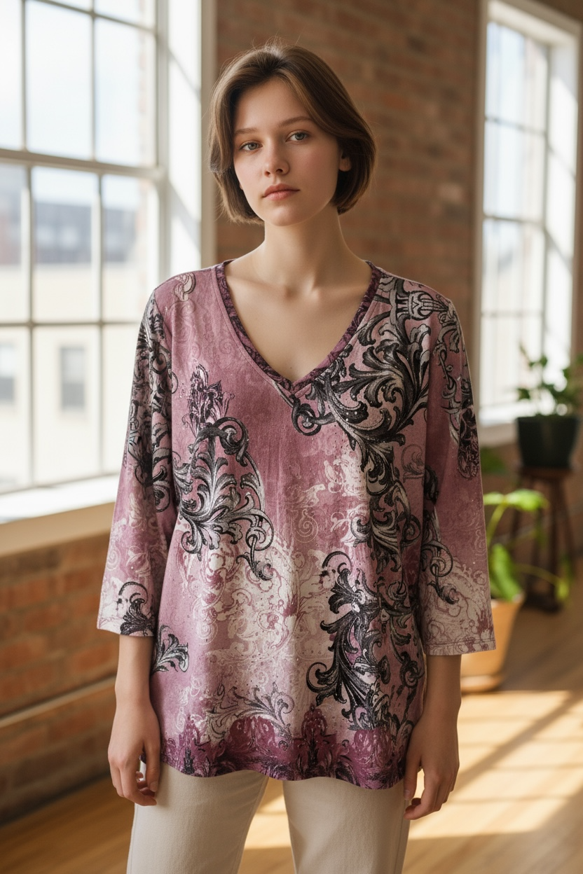 ALLISON DALEY LARGE V NECK TOP BAROQUE PATTERN