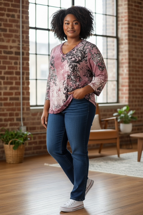 ALLISON DALEY LARGE V NECK TOP BAROQUE PATTERN