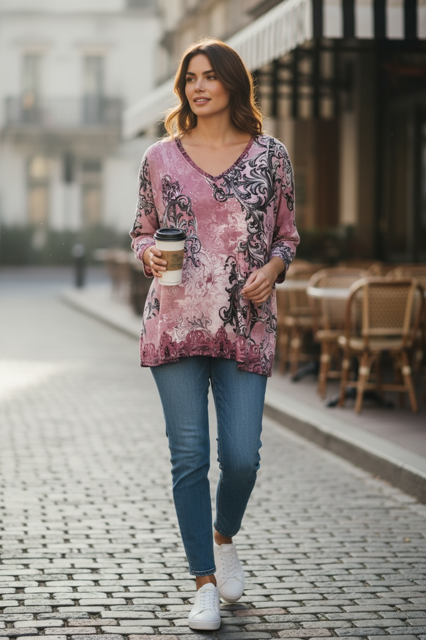 ALLISON DALEY LARGE V NECK TOP BAROQUE PATTERN