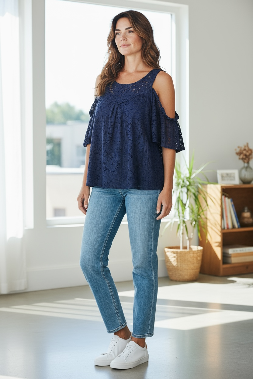 VINTAGE AMERICA BLUES TOP FLORAL LACE BLUE SMALL