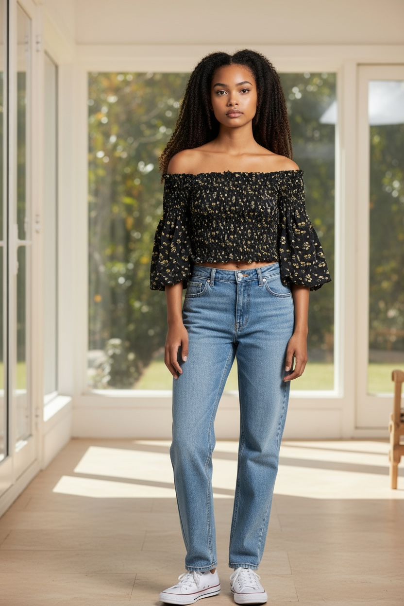 HIDDEN BRAND SMALL BLACK AND FLORAL PEASANT CROP TOP