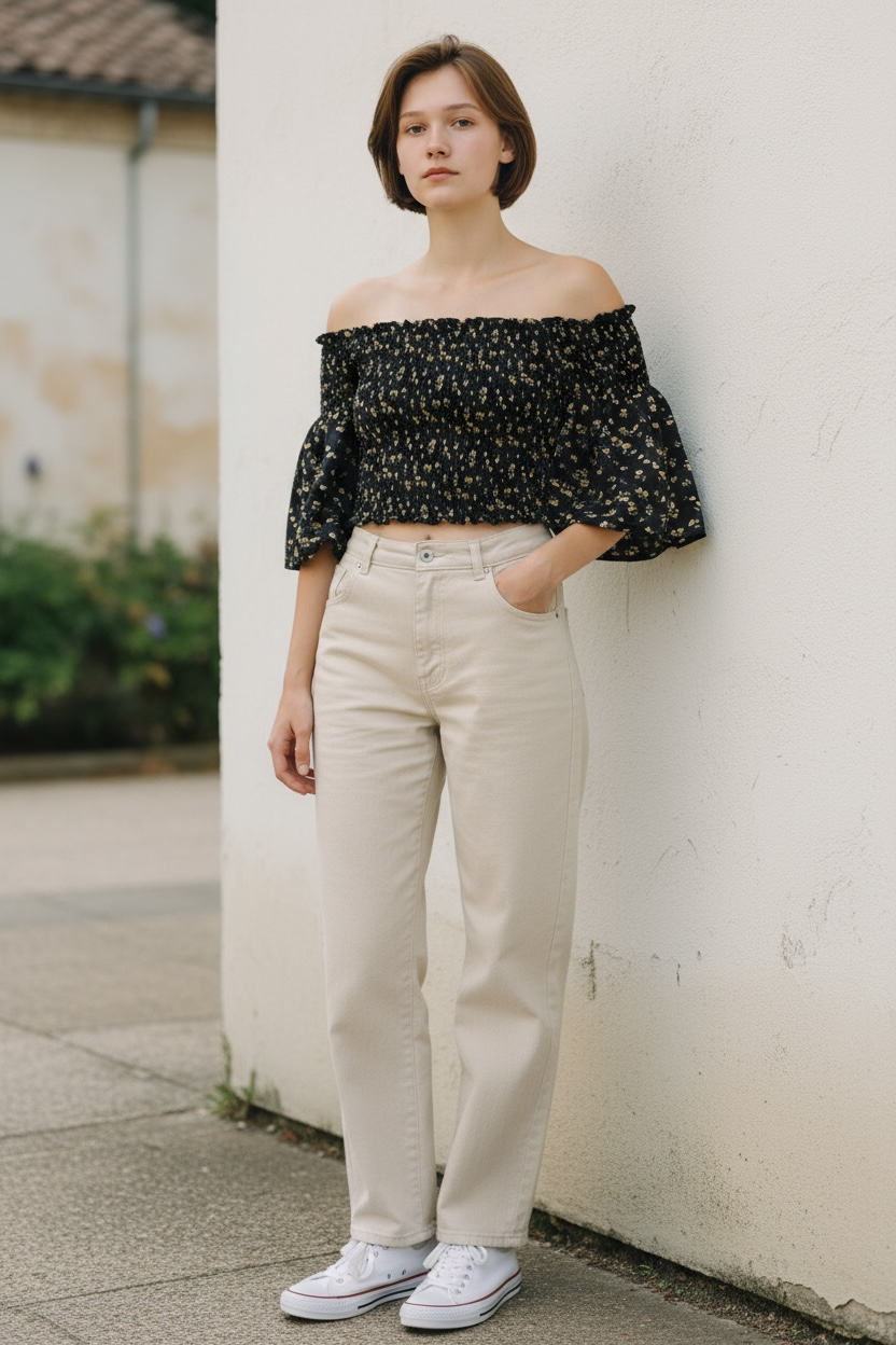HIDDEN BRAND SMALL BLACK AND FLORAL PEASANT CROP TOP