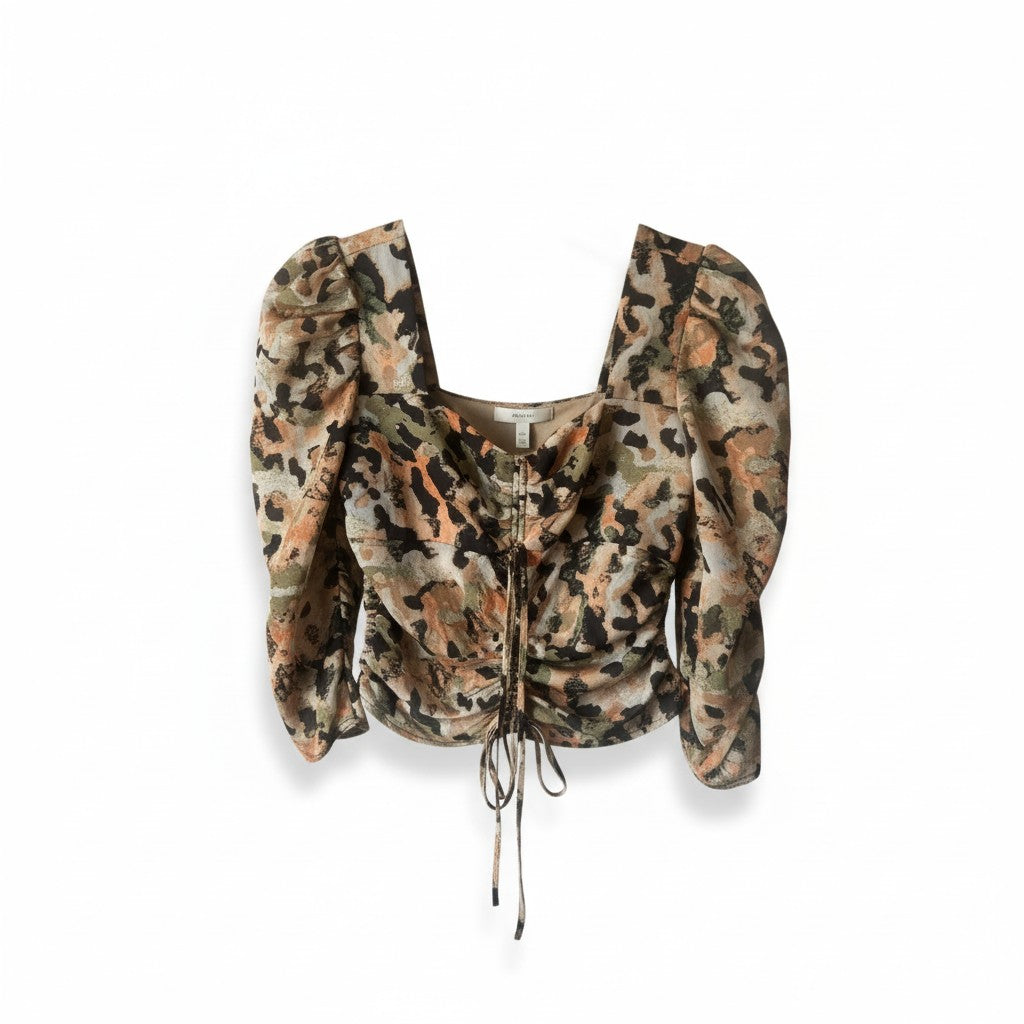 MILK AND HONEY SIZE MEDIUM MULTICOLOR ANIMAL PRINT RUCHED PUFF-SLEEVE CROP TOP TT0613