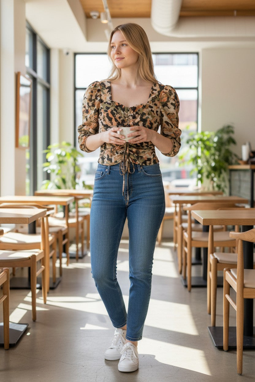 MILK AND HONEY SIZE MEDIUM MULTICOLOR ANIMAL PRINT RUCHED PUFF-SLEEVE CROP TOP TT0613