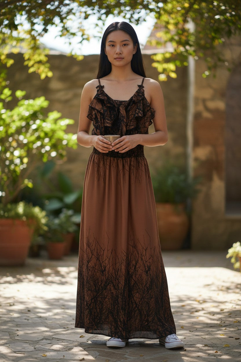 XS BROWN AND BLAC KMAXI DRESS
