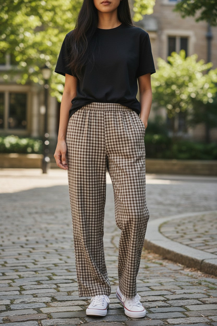SHEIN BROWN,WHITE GINGHAM PANTS SMALL