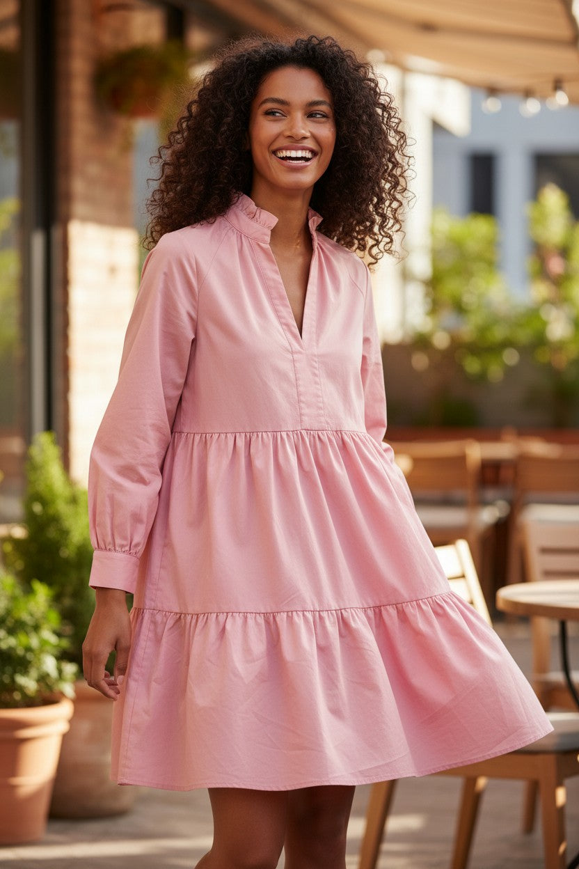 LIGHT PINK TIERED LONG-SLEEVE DRESS SM DD0114