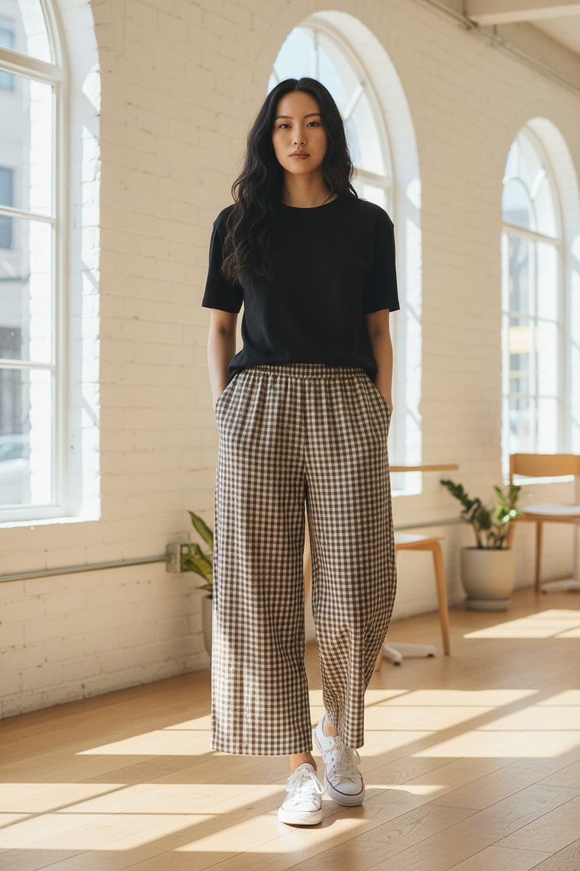 SHEIN BROWN,WHITE GINGHAM PANTS SMALL