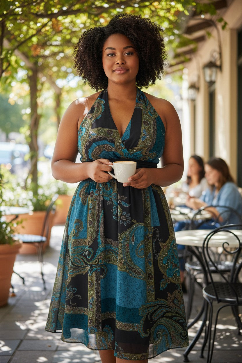 BAHARI HALTER  DRESS PAISLEY BLUE SIZE 12