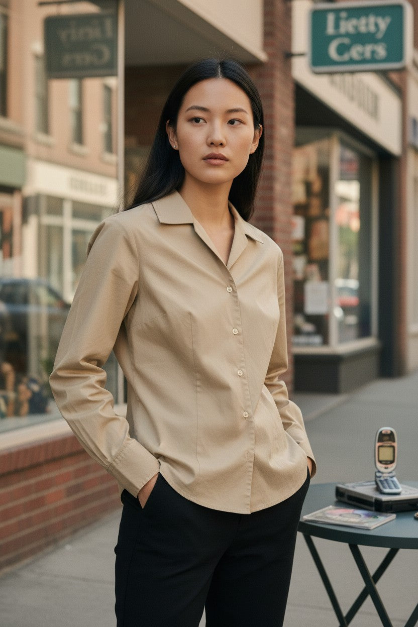 ANN TAYLOR LOFT STRETCH CAMEL TONE TOP BUTTON DOWN SIZE 0