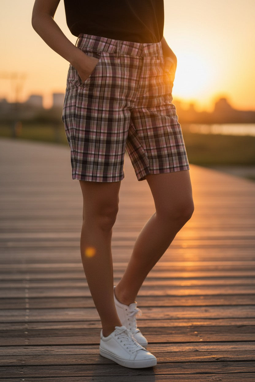 DOCKERS GOLF SHORTS PINK, BLACK GINGHAM SIZE 6 BT0425